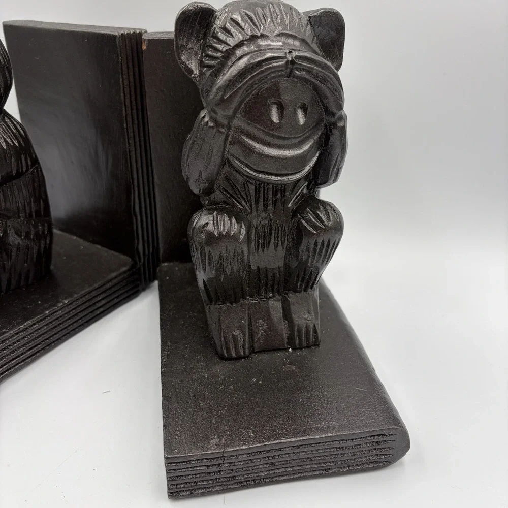 VTG Decorative See No Evil Hear No Evil Monkey Bookend Pair Carved  Rustic MCM